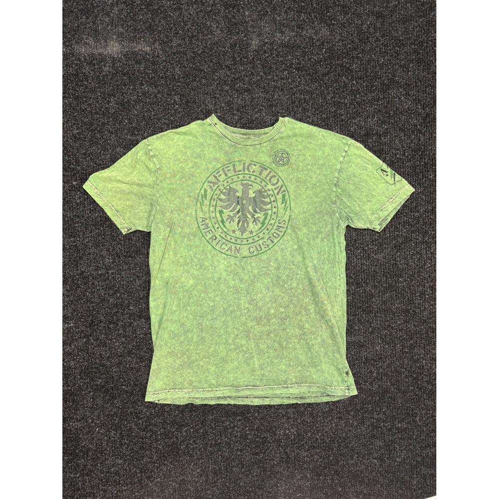 Affliction American Customs Graphic T-Shirt Mens 2XL Green Acid Wash Eagle Logo